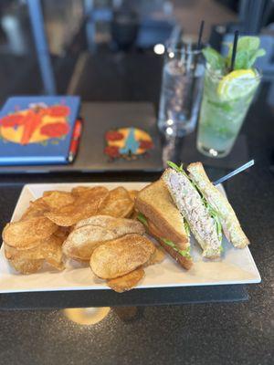 Chicken Salad Sandwich with Malt Vinegar Chips and a Mocktail Mojito