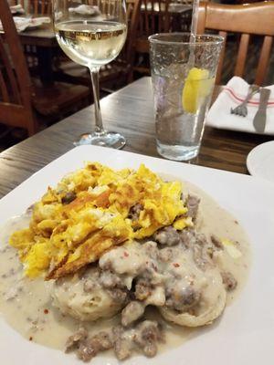 Sausage Gravy and Biscuits with Scrambled Eggs. Really good, little spicy