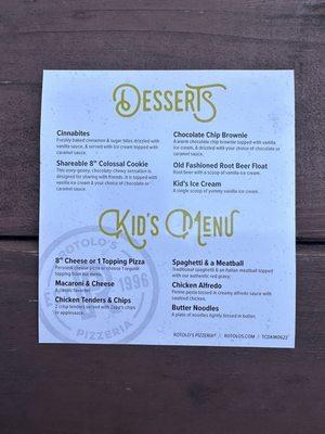 Desserts and kids menu