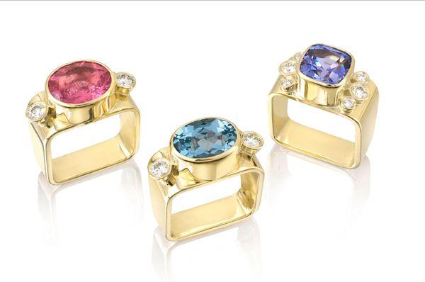 18K Square Rings in Pink Tourmaline, Aquamarine, and Tanzanite