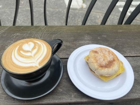 Oatmilk sugar free vanilla latte and plant based sausage breakfast sandwich