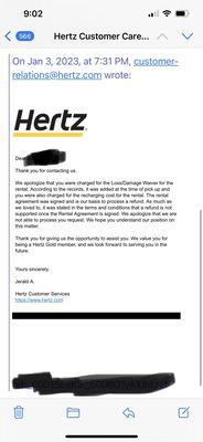 Hertz's original response to my questioning the additional charges.