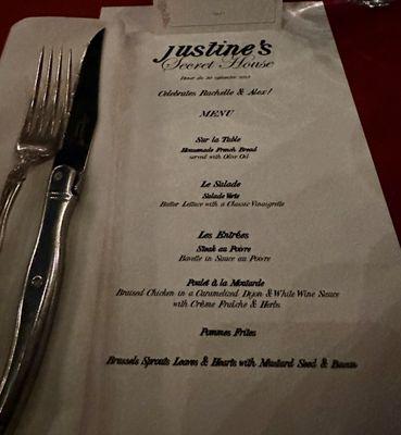 Justine's Secret House wedding dinner menu, September 30, 2023