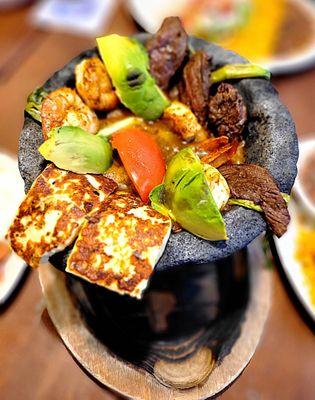 Combo Arracheras Molcajete with steak and shrimp.