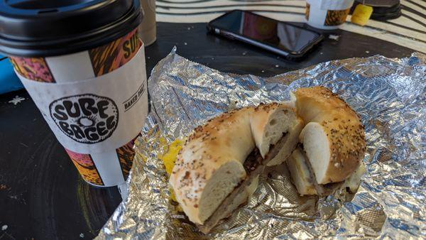 Bagel breakfast sandwich and a coffee