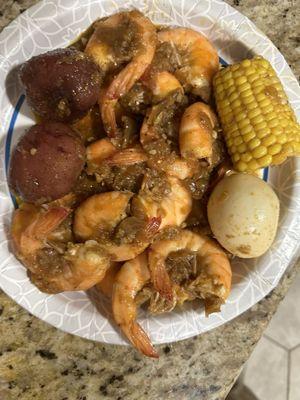 Peel shrimp. Potato's , eggs and corn .