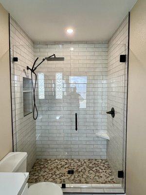 Removed Fiberglass shower with tile & custom glass