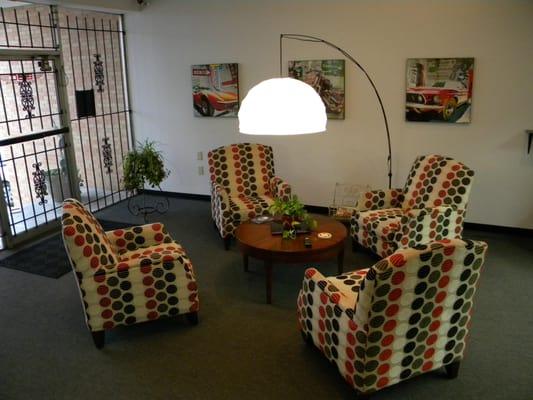 Our comfortable and chic waiting area at BBC Motorsports! www.bbcmotorsports.com