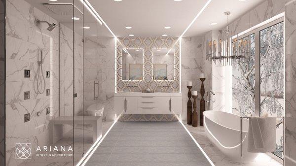 When designing this luxury bathroom, the main goal was to find a fine balance between comfort, aesthetics, and practicality.