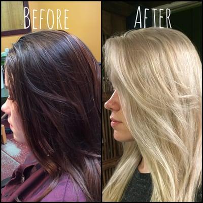 Before - 1st visit
 After - 5 visits later - platinum hair that is strong and healthy with no breakage.