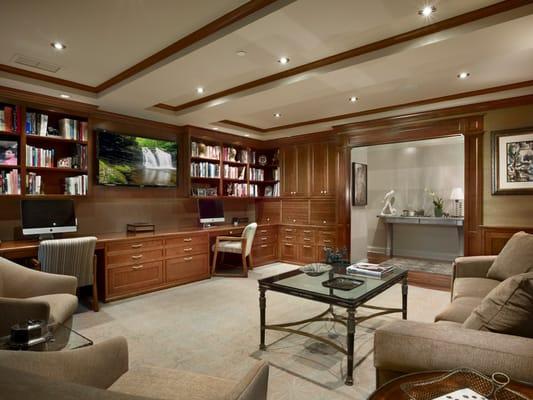 Traditional study in natural cherry with coffered ceiling at a Rittenhouse Square condo