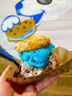 Gooey butter cake cookie & brownie sandwich with double scoop (Bear batter & brownie dough swirl) w/ Nutella (they warmed it up too!)