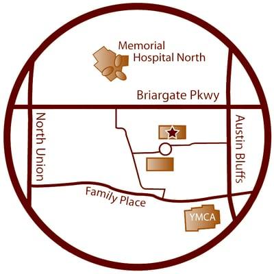 Map of north clinic location: 4105 Briargate Parkway, suite 255, 719-282-2320