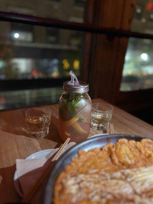 Kimchi pancake, grapefruit soju