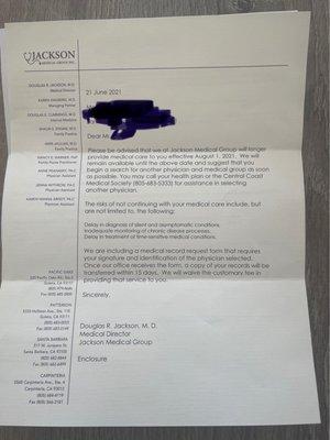 Letter from Jackson medical