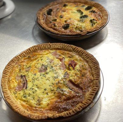 Ham and cheddar quiche, roasted broccoli and onion quiche