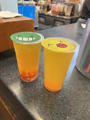 Mango Tea with Coconut Pineapple Jelly and Pineapple Tea with Mango Popping Boba