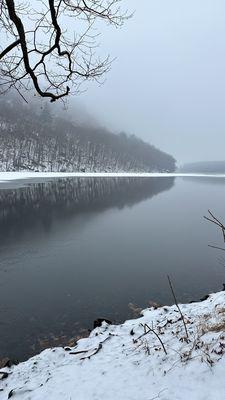 Snowy view of the pond