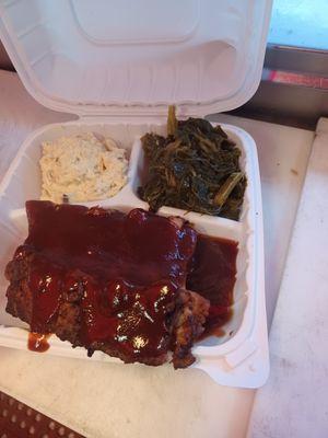 Smoked Baby back ribs plate with homemade Potato salad and collard greens