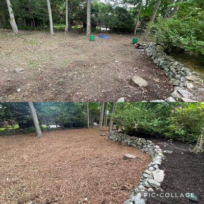 Before and after on a spring clean up, wood chip installation on lower level and dyed brown mulch installation on upper level