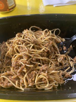 Angel hair with bolognese sauce, delicious and the flavors are spot on.