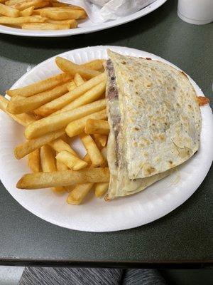 Synchronizada (quesadilla with lengua). Fries.