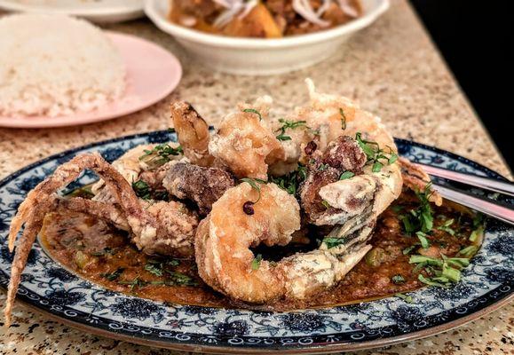 Soft shell crab with shrimp, salted egg, compound brown butter.