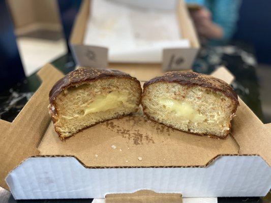 Inside of the Boston cream pie donut