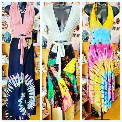 Black tie die hi lo dress/maxi skirt shown with Multi-way halter