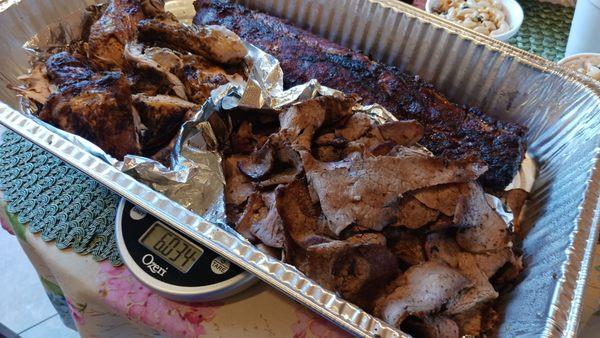 $110 combo #4 includes 6 pounds of meat, averaging $18 per pound. 1 tri tip, 1 chicken and 1 rack of ribs.