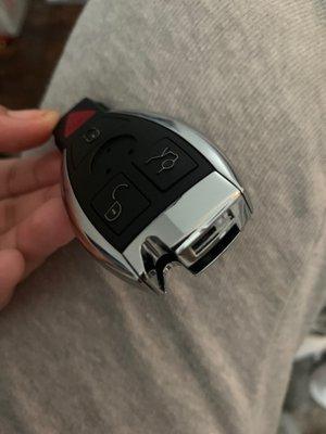 No key inside, & no Mercedes emblem  25$ Amazon key and I paid 350 for a key that doesn't work properly