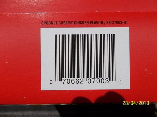 UPC code for "Spoon It" brand Creamy Chicken soup. Please print these and take to your local Grocery MANAGER.