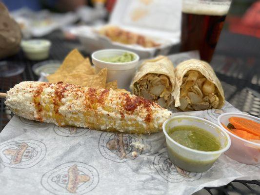 Takeout! Elote, breakfast burrito, guacamole side and chips, escabeche (hot pickled carrot and pepper mix)