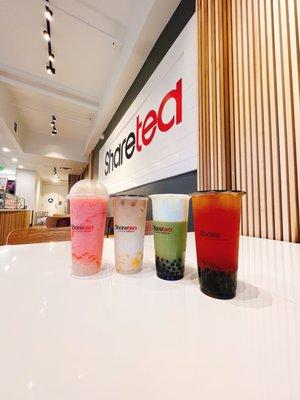 Strawberry Ice Blended with Lychee Jelly and Ice Cream, Classic Milk Tea, Matcha with Fresh Milk , and POG Tea