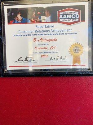 AAMCO Dealer's Association Superlative Customers Relations Awarded to Ben Venezuela in 2013.