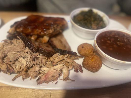 Sampler. Pulled Pork Was Dry. Canned Collard Greens.