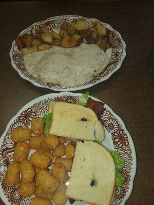 1/2 Ma's Biscuits in the back, and BLT w/ Tator Tots in the front.