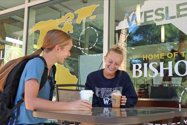 Students enjoying Starbucks coffee at NC Wesleyan's Bishop Bistro.