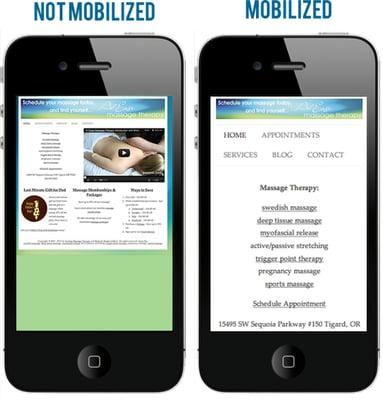 Comparing the standard website on a mobile device and our mobile website for At Ease Massage Therapy.