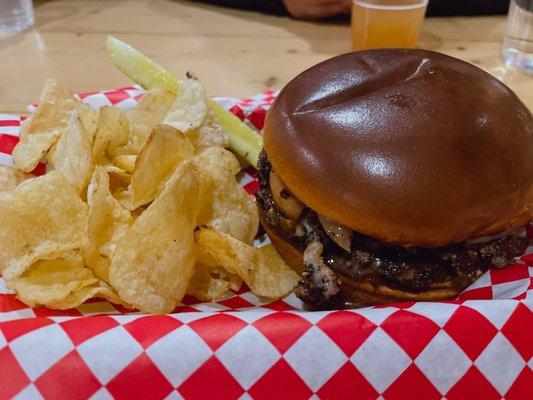 Burger with local beef, maple Mayo and caramel apple. So tasty