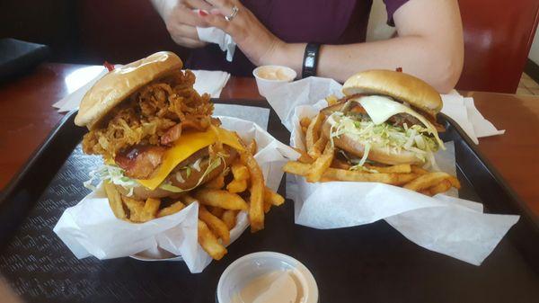 Bbq with onion straws burger and bacon and Swiss burger