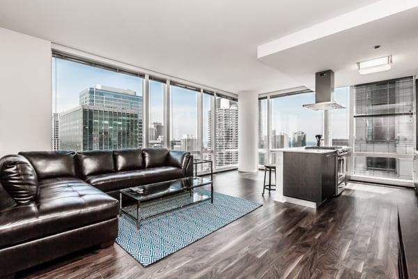 Can you beat this living room in our OneEleven flagship 2 bedroom 2 bathroom at 111 W. Wacker?