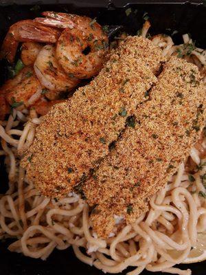 Garlic Noodles, Catfish & Prawns