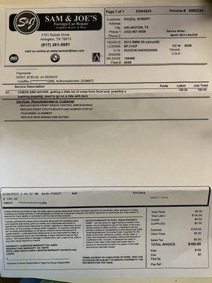 $150 inspection bill for wrong diagnoses.