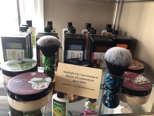 Handcrafted by a local artesian, customized shaving brushes as well as shaving soap, lotion, cream & aftershave.