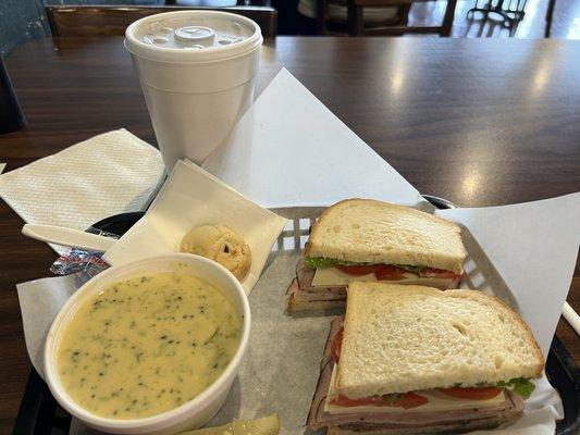 Deli sandwich with broccoli cheese soup