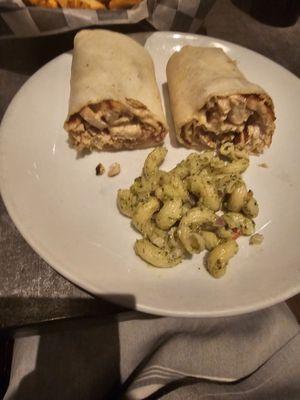 Honey mustard chicken wrap and pesto pasta salad.