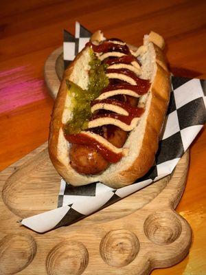 Chicago brat - mustard and sport peppers!