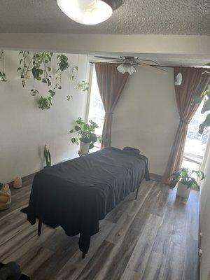 Treatment room includes blackout curtains, 
 Table warmer, crystals and aromatherapy if requested by client.