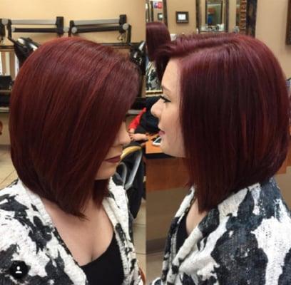 Hair cut, color, and style.